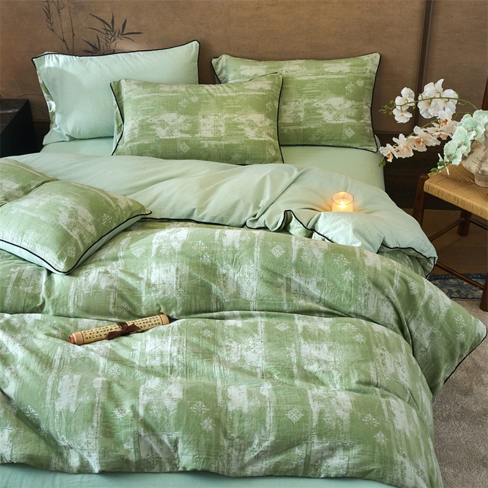 91家纺网 家纺一手货源 找家纺 兰紫橙家纺 2025新款全棉纯棉嵌边色织提花四件套 光芒-草绿