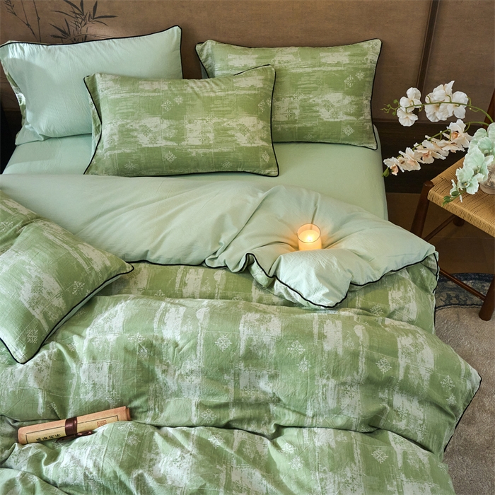 91家纺网 家纺一手货源 找家纺 兰紫橙家纺 2025新款全棉纯棉嵌边色织提花四件套 光芒-草绿