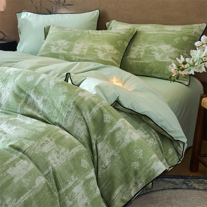 91家纺网 家纺一手货源 找家纺 兰紫橙家纺 2025新款全棉纯棉嵌边色织提花四件套 光芒-草绿