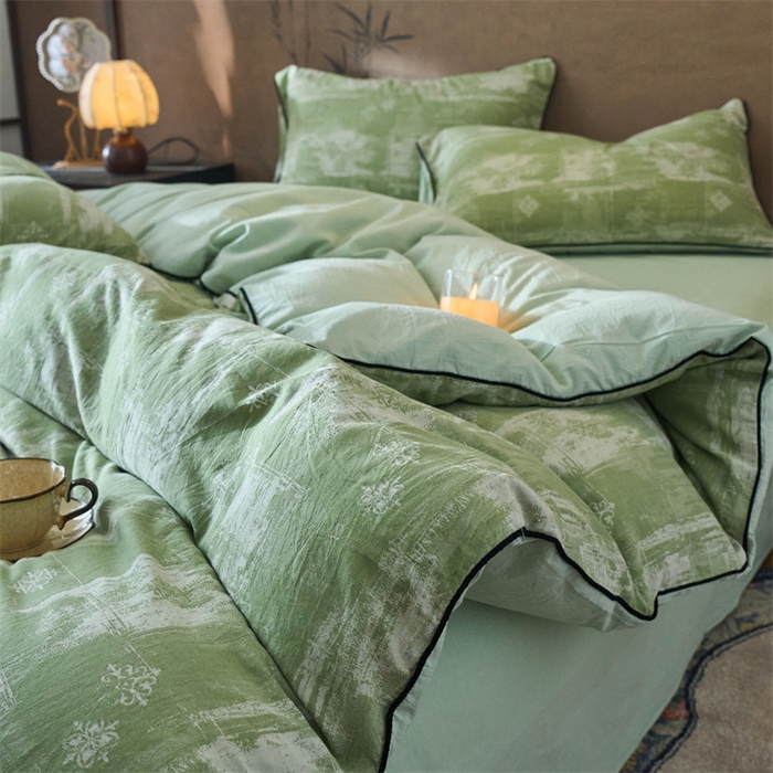 91家纺网 家纺一手货源 找家纺 兰紫橙家纺 2025新款全棉纯棉嵌边色织提花四件套 光芒-草绿