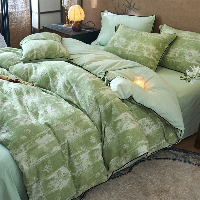 91家纺网 家纺一手货源 找家纺 兰紫橙家纺 2025新款全棉纯棉嵌边色织提花四件套 光芒-草绿