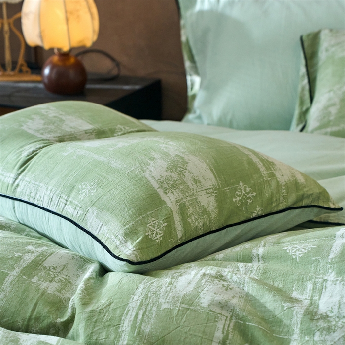 91家纺网 家纺一手货源 找家纺 兰紫橙家纺 2025新款全棉纯棉嵌边色织提花四件套 光芒-草绿