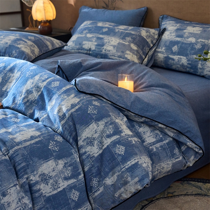 兰紫橙家纺 2025新款全棉纯棉嵌边色织提花四件套 光芒-牛仔蓝