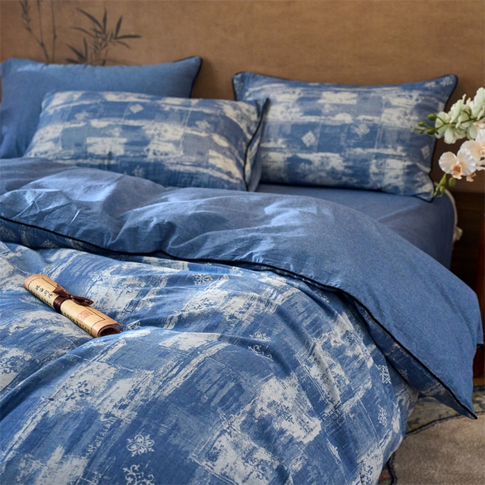 91家纺网 家纺一手货源 找家纺 兰紫橙家纺 2025新款全棉纯棉嵌边色织提花四件套 光芒-牛仔蓝