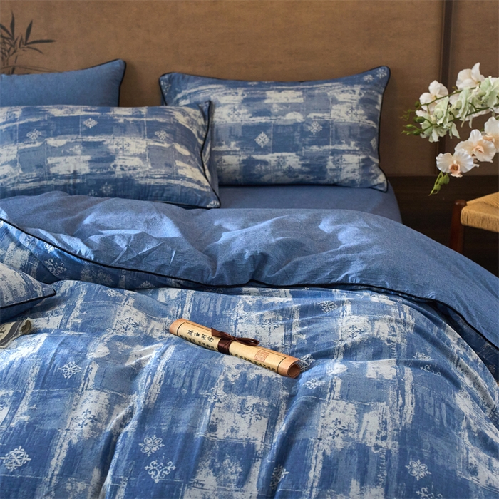 91家纺网 家纺一手货源 找家纺 兰紫橙家纺 2025新款全棉纯棉嵌边色织提花四件套 光芒-牛仔蓝