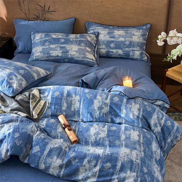 91家纺网 家纺一手货源 找家纺 兰紫橙家纺 2025新款全棉纯棉嵌边色织提花四件套 光芒-牛仔蓝