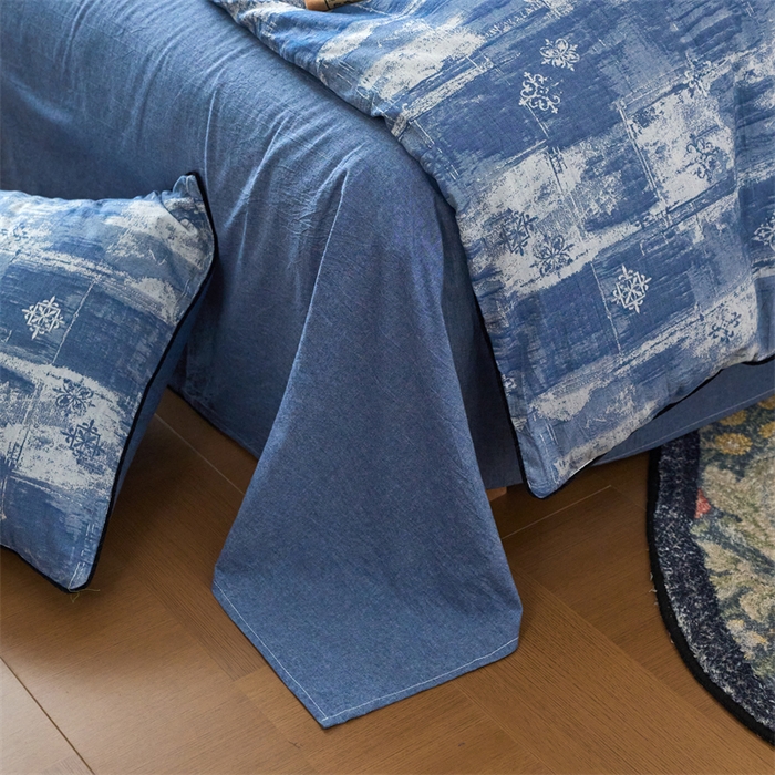 91家纺网 家纺一手货源 找家纺 兰紫橙家纺 2025新款全棉纯棉嵌边色织提花四件套 光芒-牛仔蓝