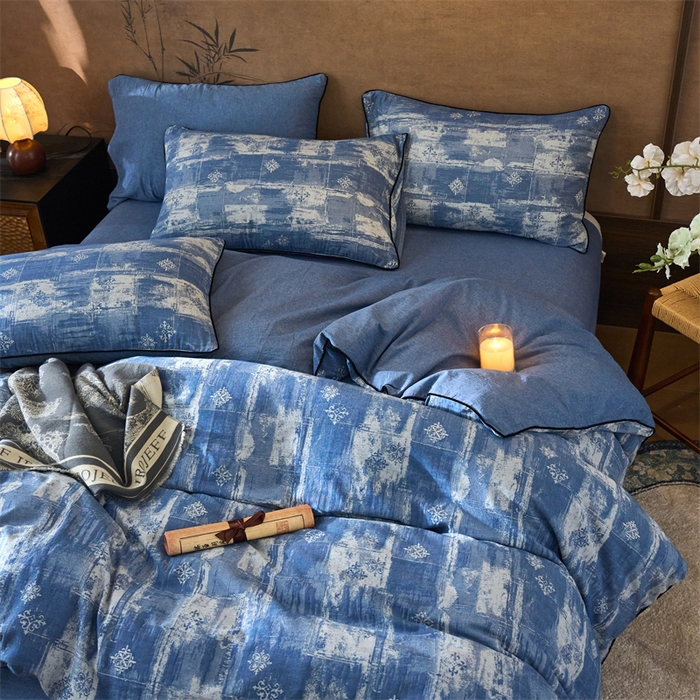 91家纺网 家纺一手货源 找家纺 兰紫橙家纺 2025新款全棉纯棉嵌边色织提花四件套 光芒-牛仔蓝