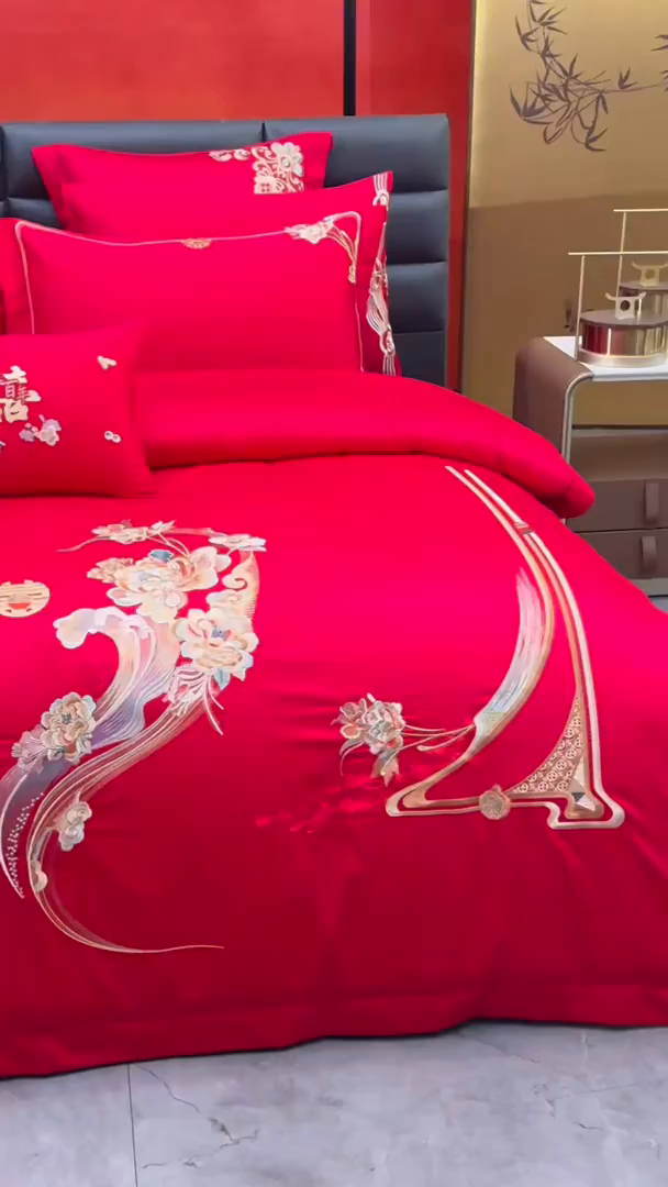 91家纺网 家纺一手货源 找家纺 宏羽纺家纺 2025新款高支高密纯棉婚庆系列四件套 爱的花语