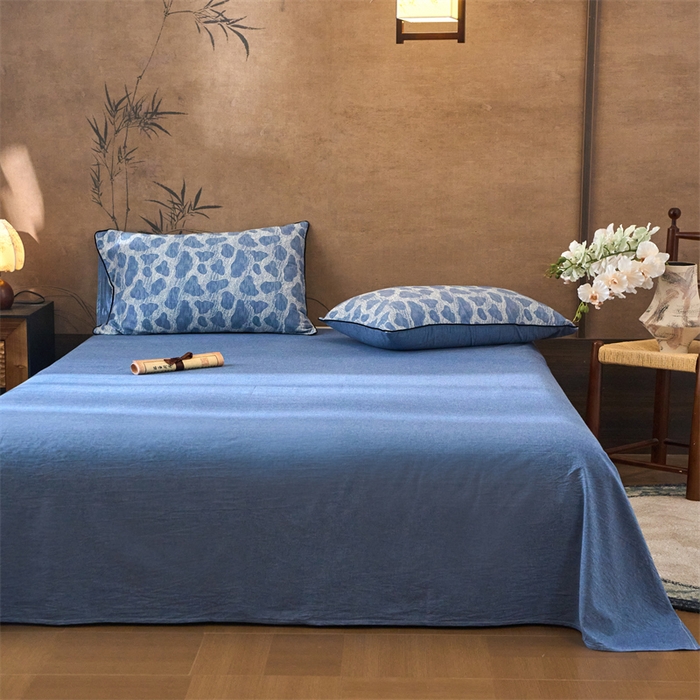 91家纺网 家纺一手货源 找家纺 兰紫橙家纺 2025新款全棉纯棉嵌边色织提花四件套 光芒-牛仔蓝