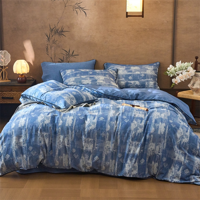 91家纺网 家纺一手货源 找家纺 兰紫橙家纺 2025新款全棉纯棉嵌边色织提花四件套 光芒-牛仔蓝