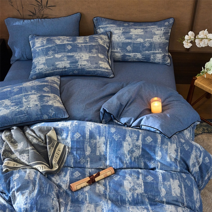 91家纺网 家纺一手货源 找家纺 兰紫橙家纺 2025新款全棉纯棉嵌边色织提花四件套 光芒-牛仔蓝