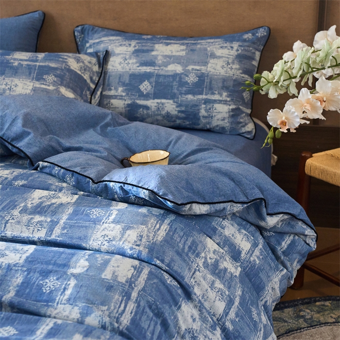 91家纺网 家纺一手货源 找家纺 兰紫橙家纺 2025新款全棉纯棉嵌边色织提花四件套 光芒-牛仔蓝