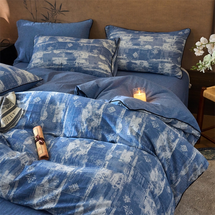 91家纺网 家纺一手货源 找家纺 兰紫橙家纺 2025新款全棉纯棉嵌边色织提花四件套 光芒-牛仔蓝