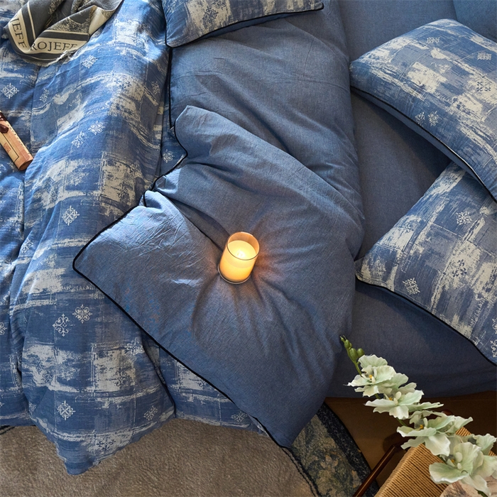 91家纺网 家纺一手货源 找家纺 兰紫橙家纺 2025新款全棉纯棉嵌边色织提花四件套 光芒-牛仔蓝