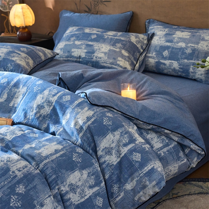 91家纺网 家纺一手货源 找家纺 兰紫橙家纺 2025新款全棉纯棉嵌边色织提花四件套 光芒-牛仔蓝