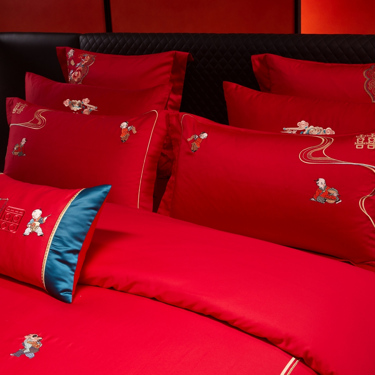 91家纺网 家纺一手货源 找家纺 宏羽纺家纺 2025新款高支高密纯棉婚庆系列四件套 百子登科