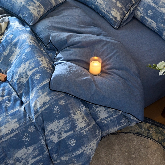 91家纺网 家纺一手货源 找家纺 兰紫橙家纺 2025新款全棉纯棉嵌边色织提花四件套 光芒-牛仔蓝