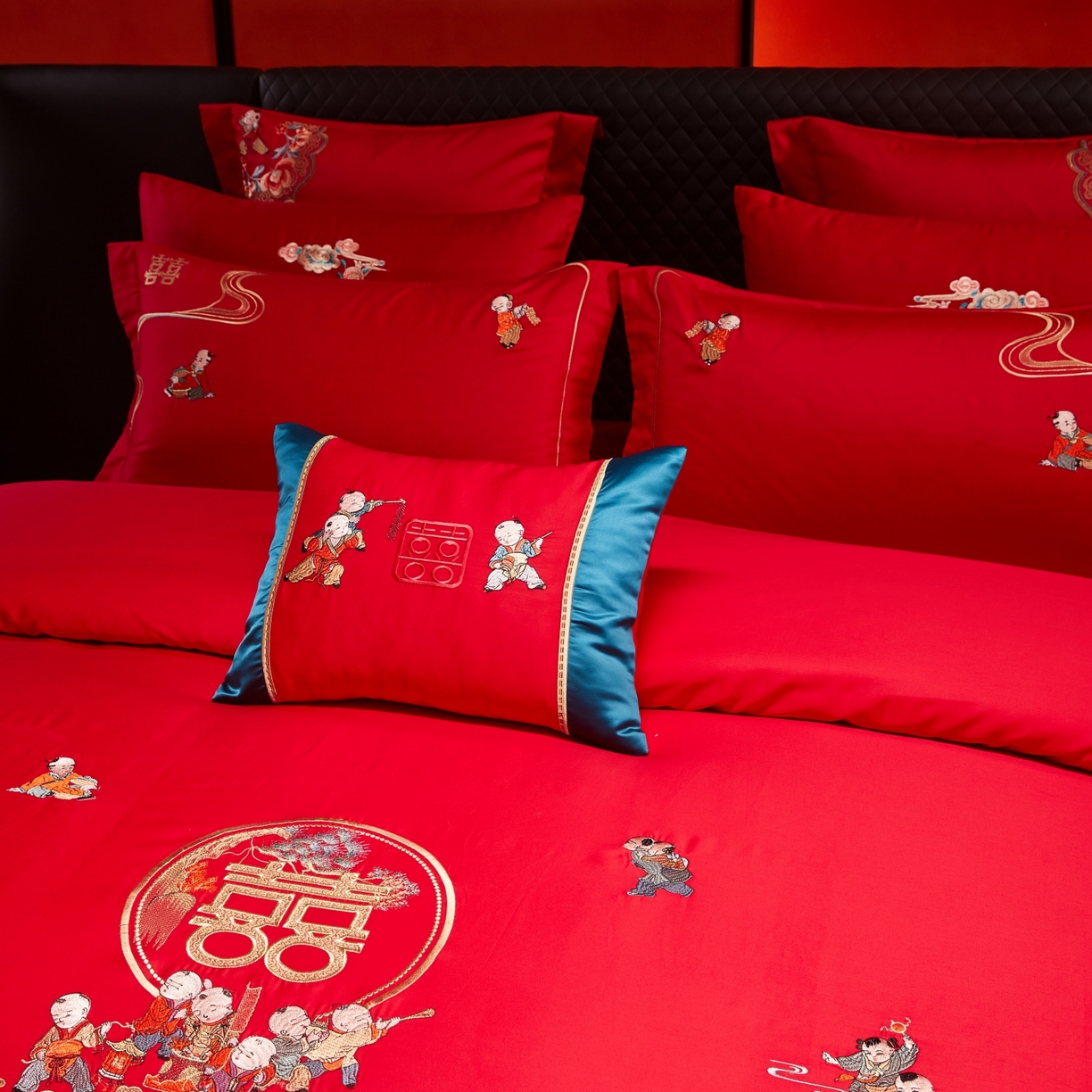 91家纺网 家纺一手货源 找家纺 宏羽纺家纺 2025新款高支高密纯棉婚庆系列四件套 百子登科