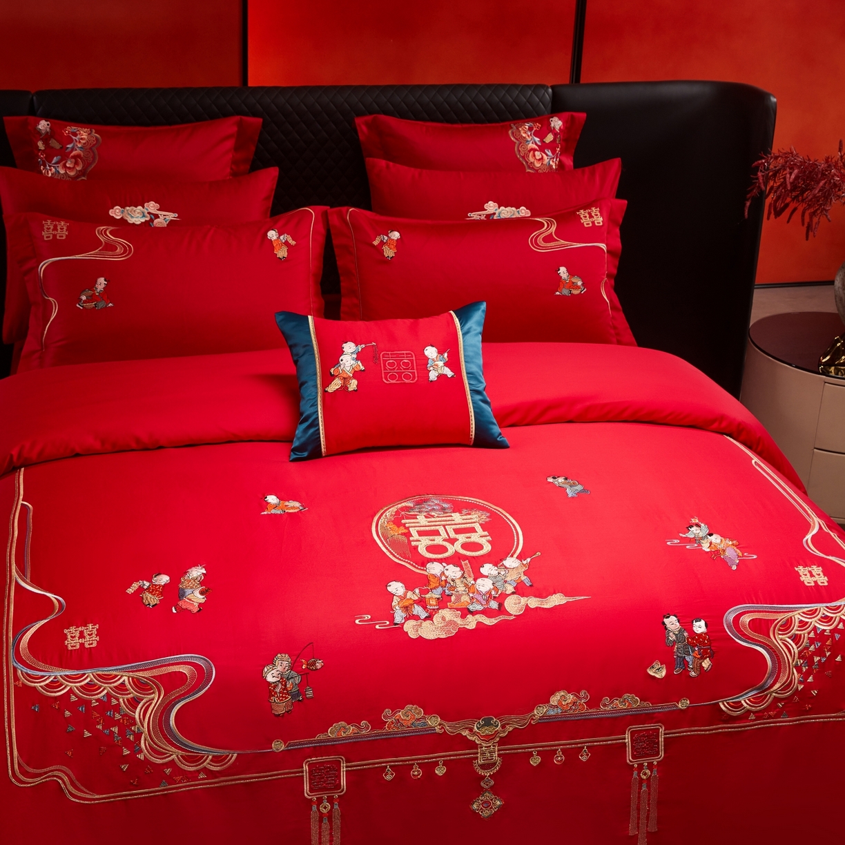 91家纺网 家纺一手货源 找家纺 宏羽纺家纺 2025新款高支高密纯棉婚庆系列四件套 百子登科