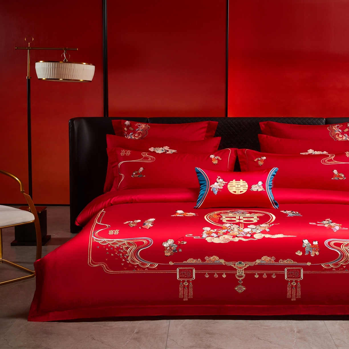 91家纺网 家纺一手货源 找家纺 宏羽纺家纺 2025新款高支高密纯棉婚庆系列四件套 百子登科