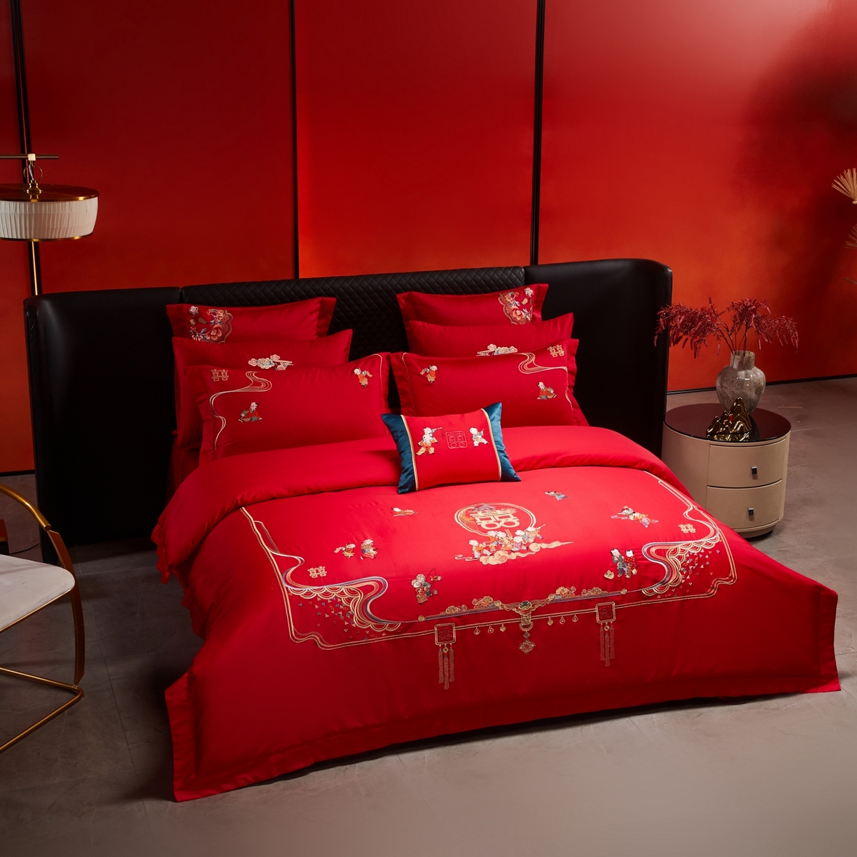 91家纺网 家纺一手货源 找家纺 宏羽纺家纺 2025新款高支高密纯棉婚庆系列四件套 百子登科