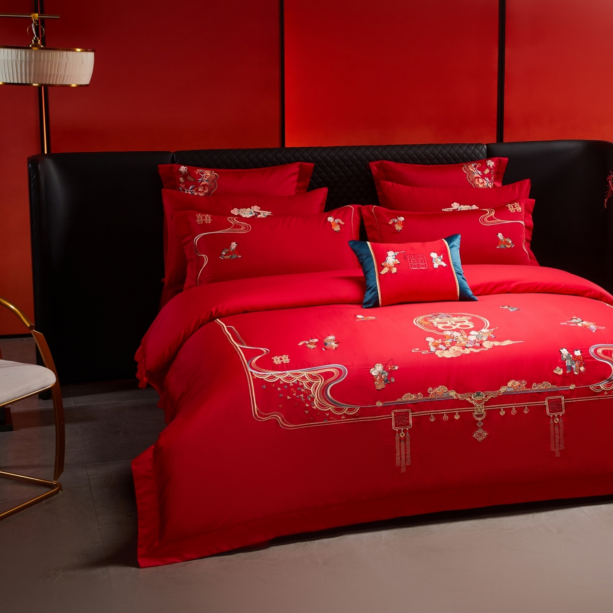 91家纺网 家纺一手货源 找家纺 宏羽纺家纺 2025新款高支高密纯棉婚庆系列四件套 百子登科