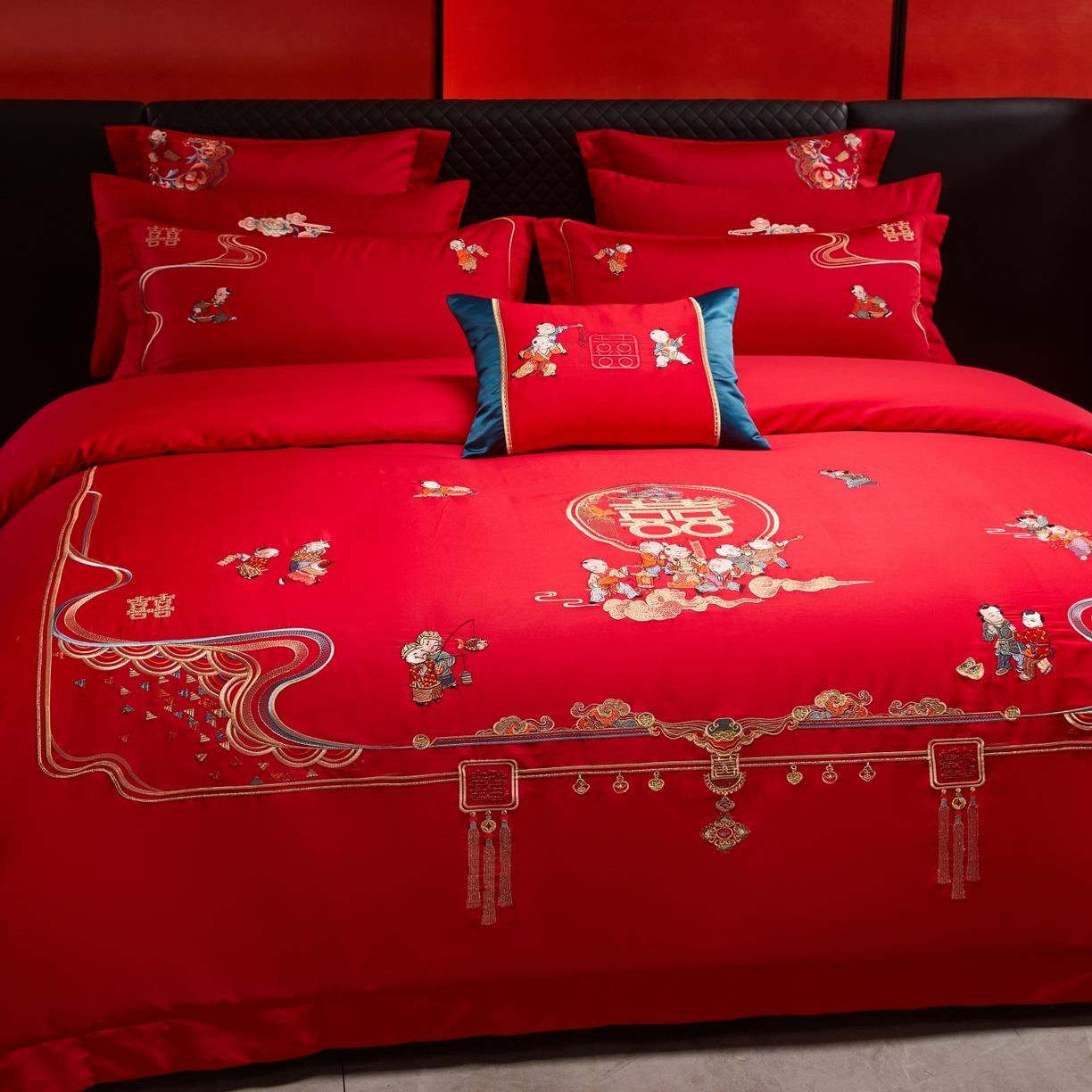 91家纺网 家纺一手货源 找家纺 宏羽纺家纺 2025新款高支高密纯棉婚庆系列四件套 百子登科