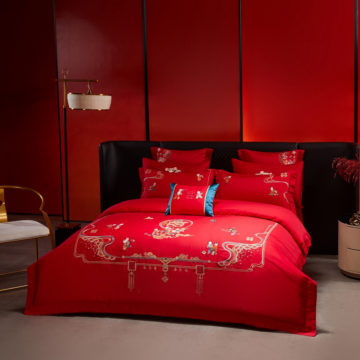 91家纺网 家纺一手货源 找家纺 宏羽纺家纺 2025新款高支高密纯棉婚庆系列四件套 百子登科