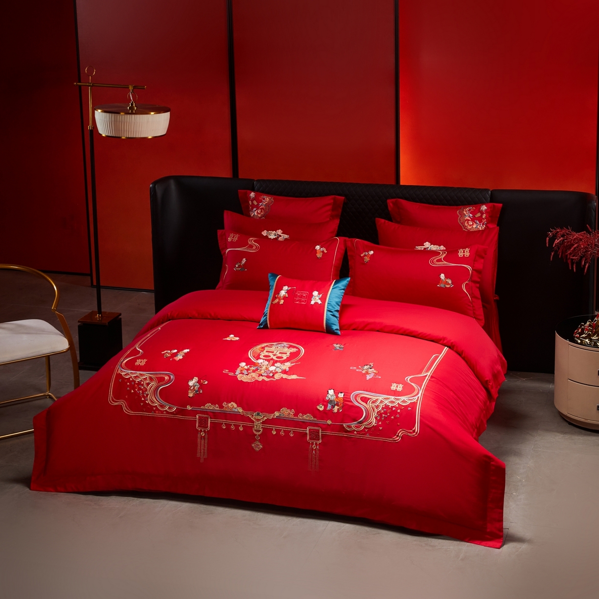 91家纺网 家纺一手货源 找家纺 宏羽纺家纺 2025新款高支高密纯棉婚庆系列四件套 百子登科