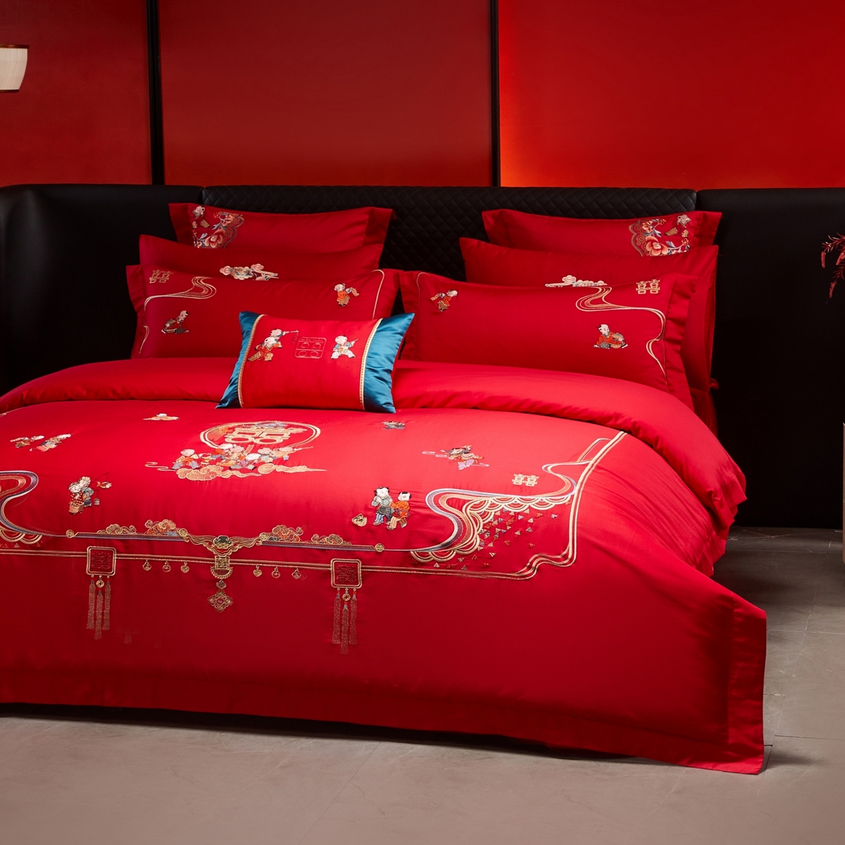 91家纺网 家纺一手货源 找家纺 宏羽纺家纺 2025新款高支高密纯棉婚庆系列四件套 百子登科