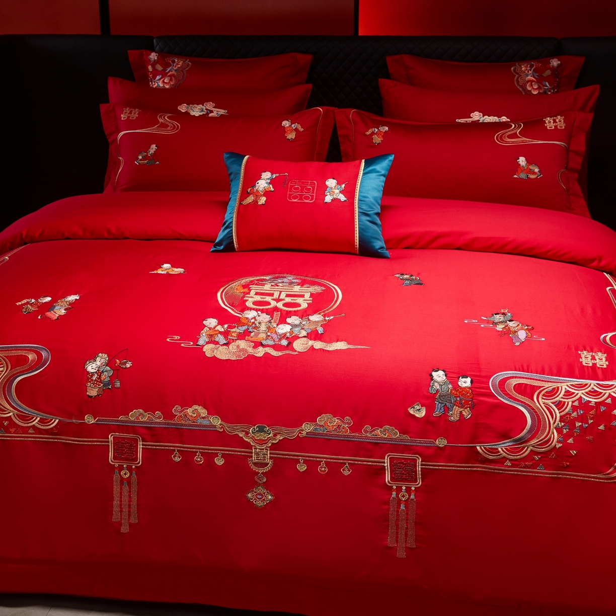 91家纺网 家纺一手货源 找家纺 宏羽纺家纺 2025新款高支高密纯棉婚庆系列四件套 百子登科