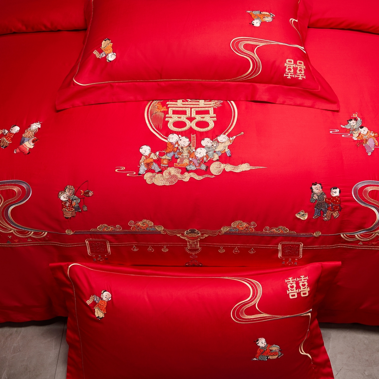 91家纺网 家纺一手货源 找家纺 宏羽纺家纺 2025新款高支高密纯棉婚庆系列四件套 百子登科
