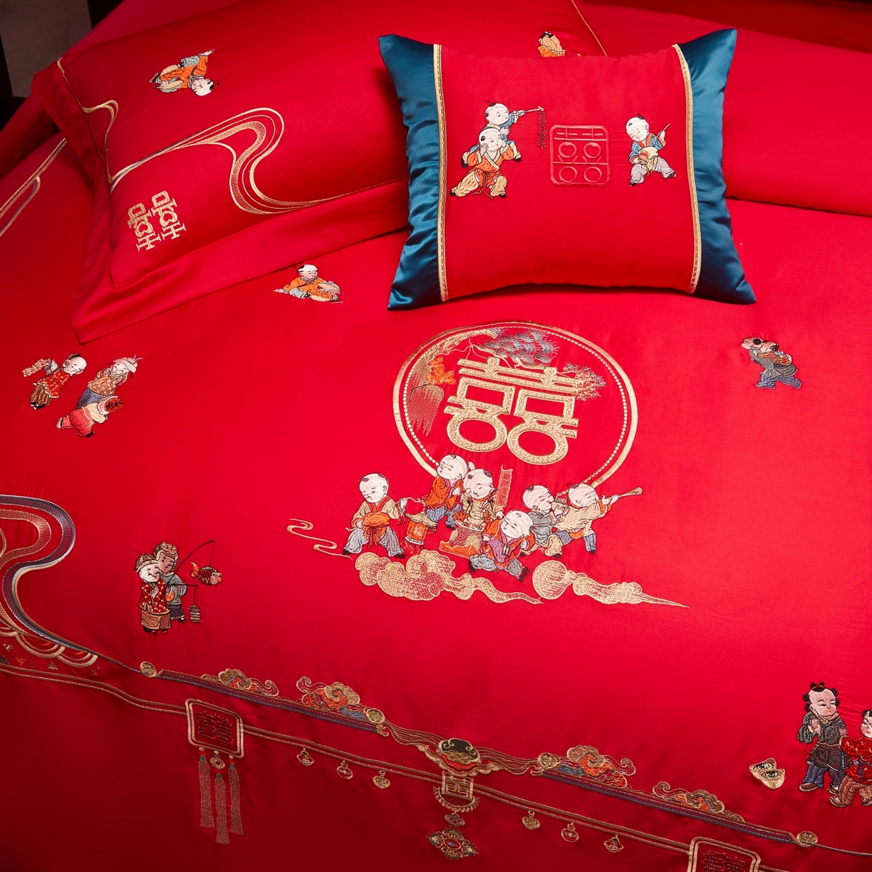 91家纺网 家纺一手货源 找家纺 宏羽纺家纺 2025新款高支高密纯棉婚庆系列四件套 百子登科