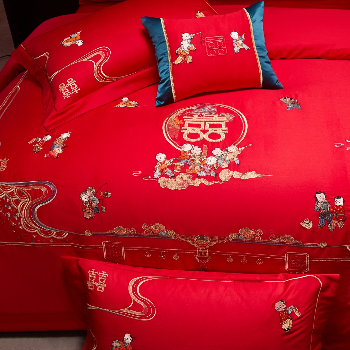 91家纺网 家纺一手货源 找家纺 宏羽纺家纺 2025新款高支高密纯棉婚庆系列四件套 百子登科