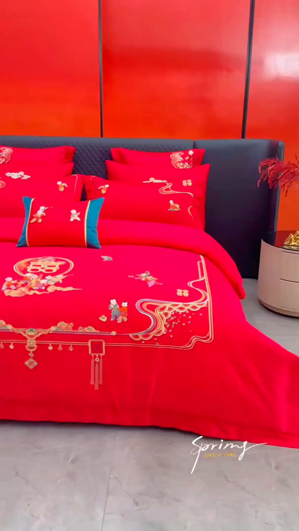 91家纺网 家纺一手货源 找家纺 宏羽纺家纺 2025新款高支高密纯棉婚庆系列四件套 百子登科