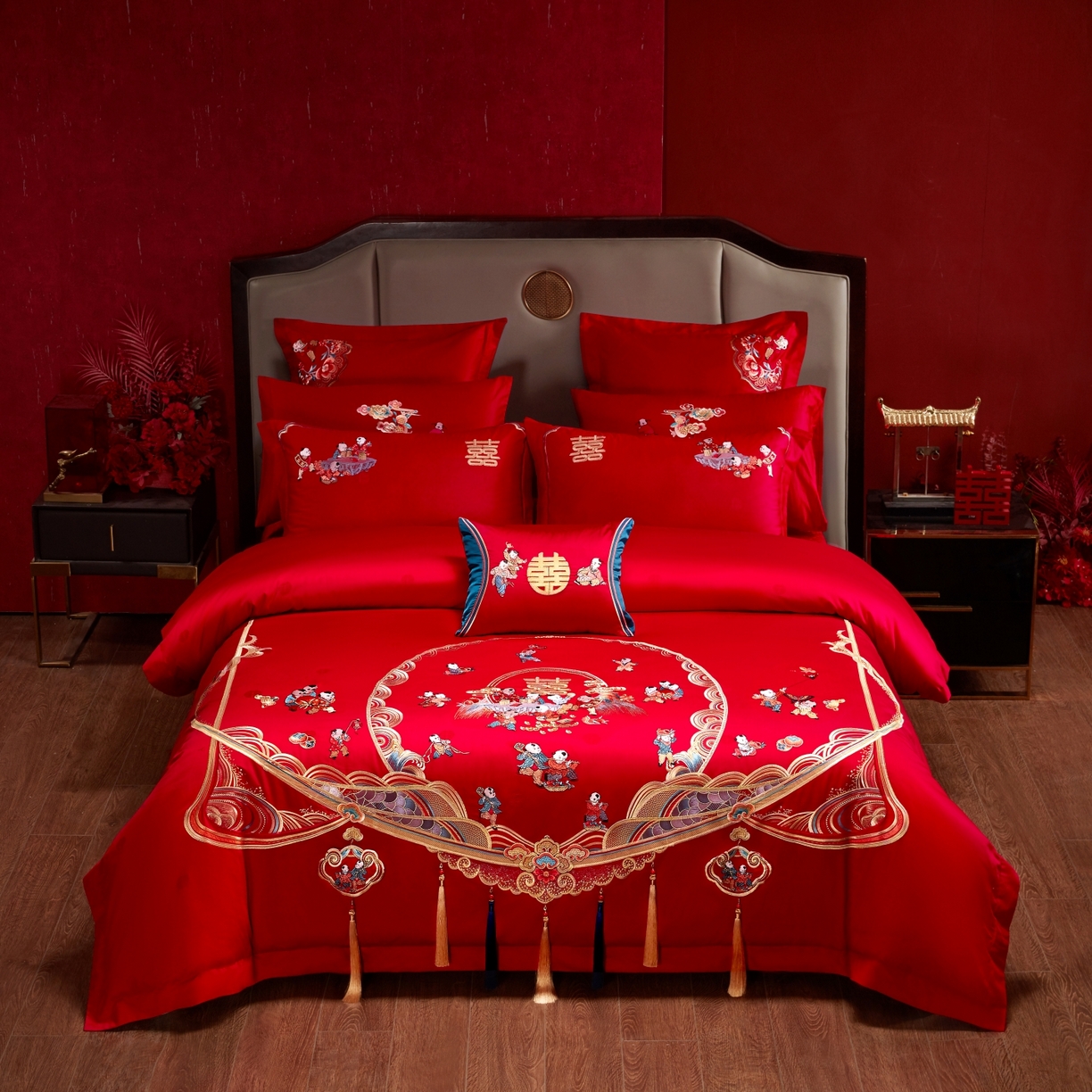 91家纺网 家纺一手货源 找家纺 宏羽纺家纺 2025新款高支高密纯棉婚庆系列四件套 百子迎喜