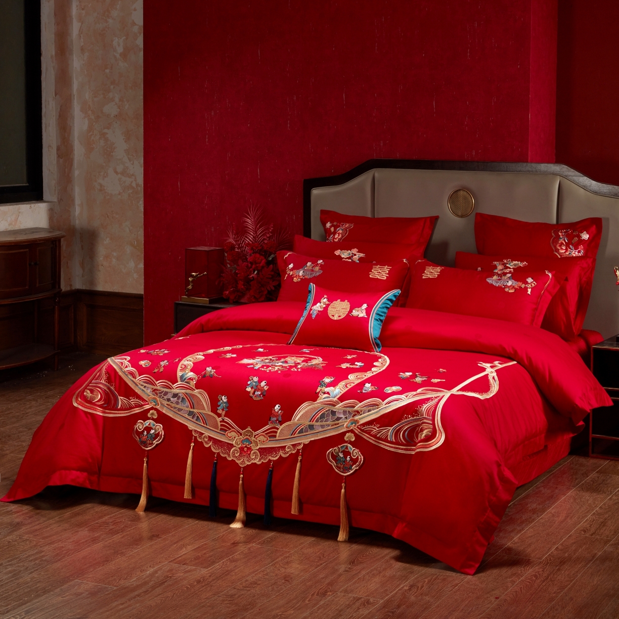 91家纺网 家纺一手货源 找家纺 宏羽纺家纺 2025新款高支高密纯棉婚庆系列四件套 百子迎喜