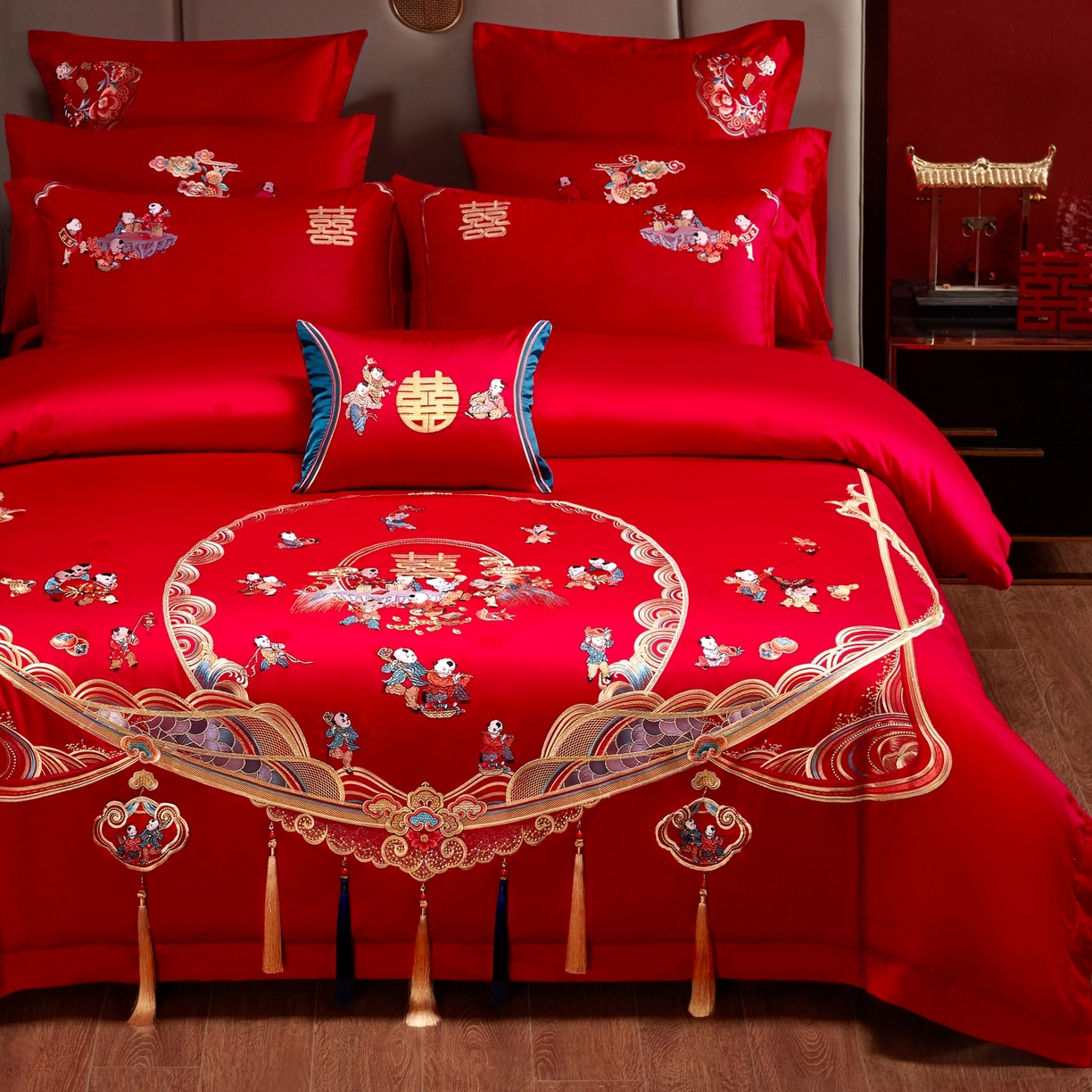 91家纺网 家纺一手货源 找家纺 宏羽纺家纺 2025新款高支高密纯棉婚庆系列四件套 百子迎喜