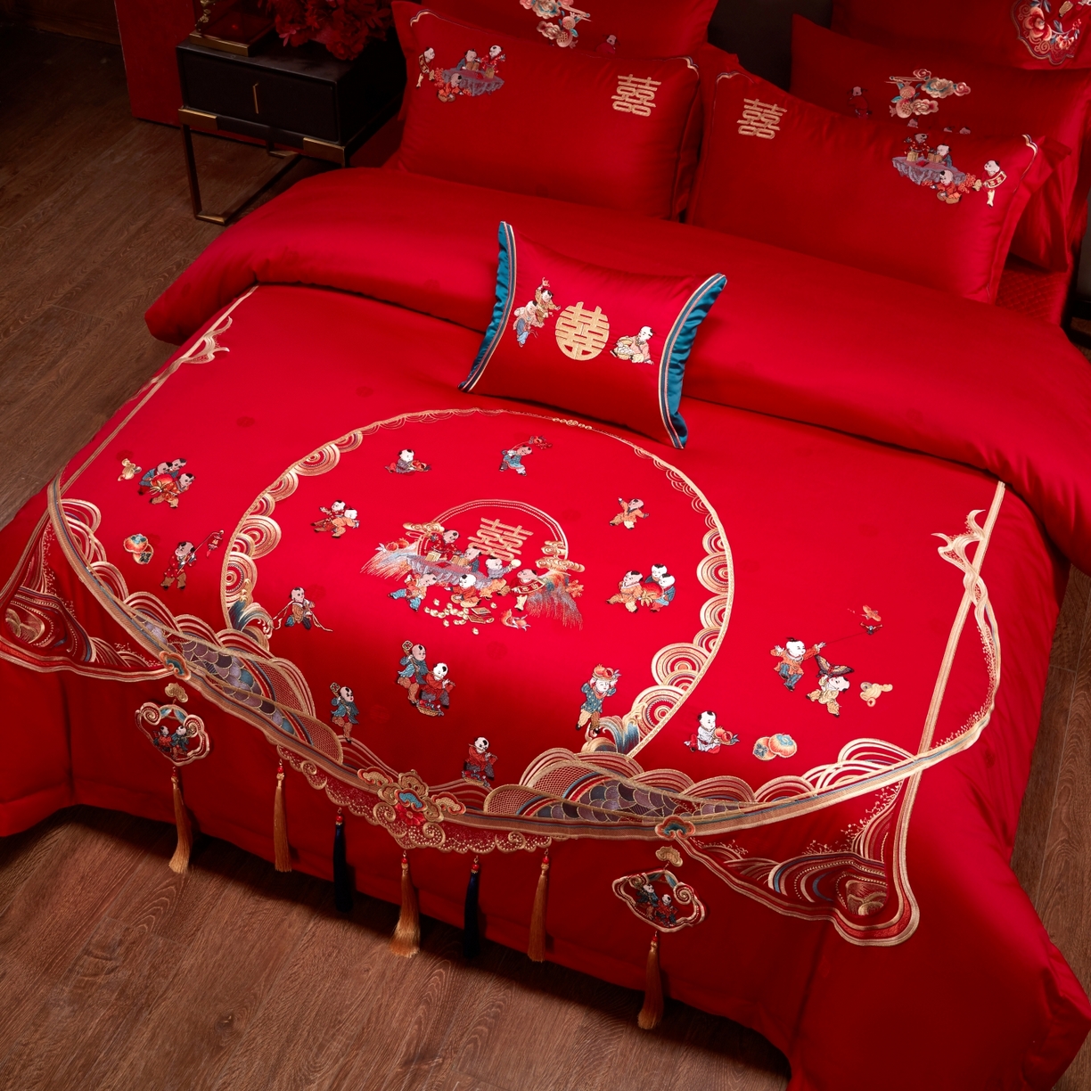 91家纺网 家纺一手货源 找家纺 宏羽纺家纺 2025新款高支高密纯棉婚庆系列四件套 百子迎喜