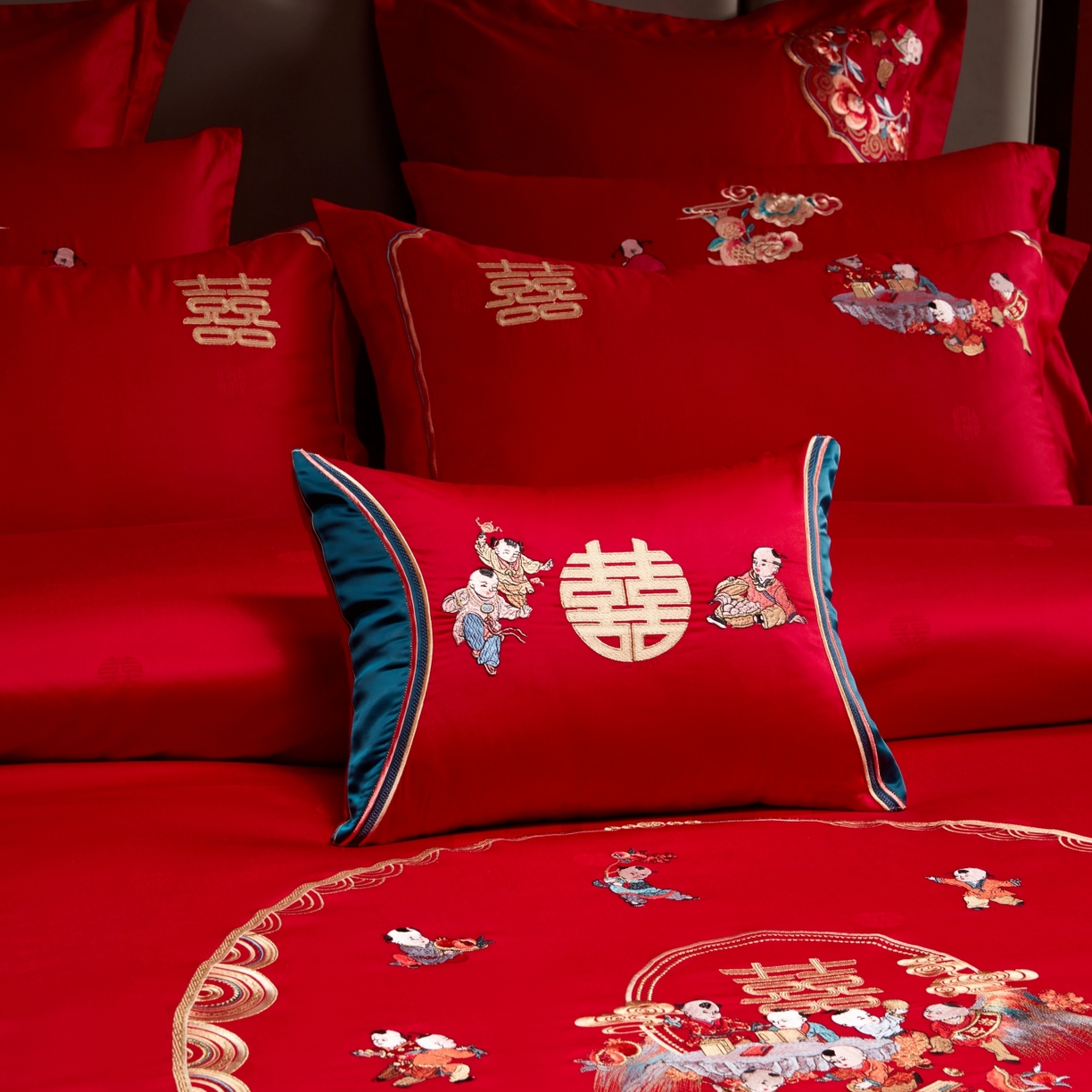 91家纺网 家纺一手货源 找家纺 宏羽纺家纺 2025新款高支高密纯棉婚庆系列四件套 百子迎喜