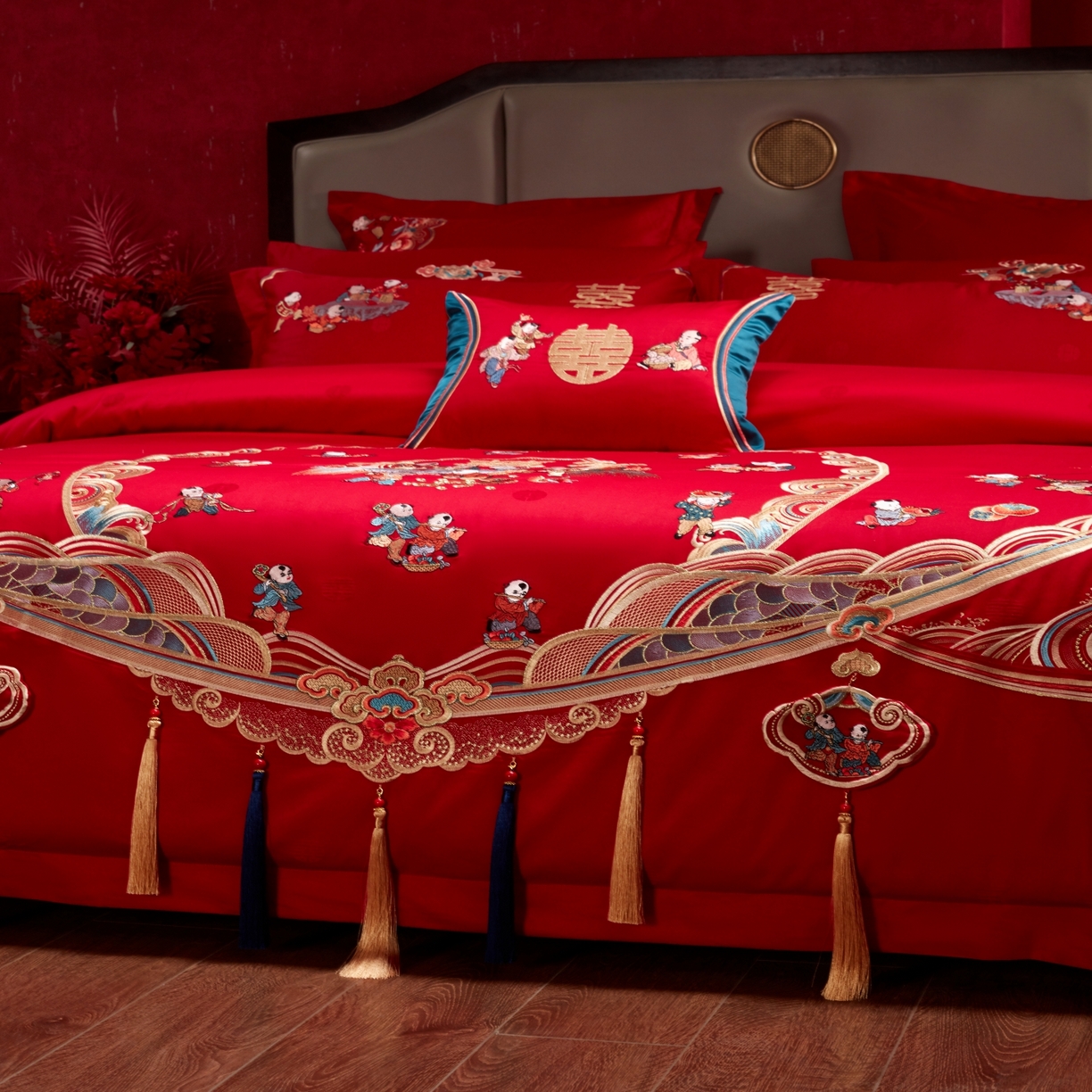 91家纺网 家纺一手货源 找家纺 宏羽纺家纺 2025新款高支高密纯棉婚庆系列四件套 百子迎喜