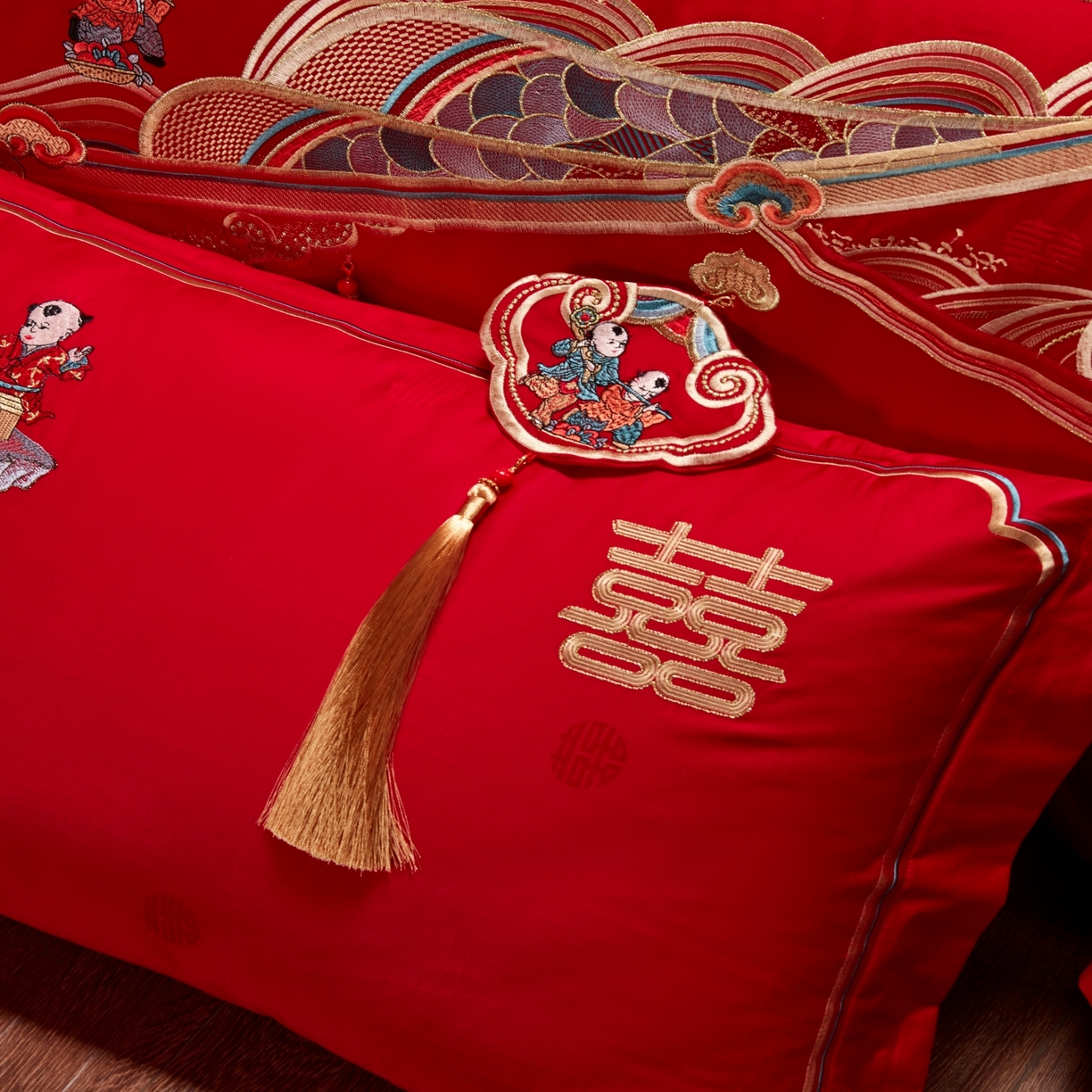 91家纺网 家纺一手货源 找家纺 宏羽纺家纺 2025新款高支高密纯棉婚庆系列四件套 百子迎喜