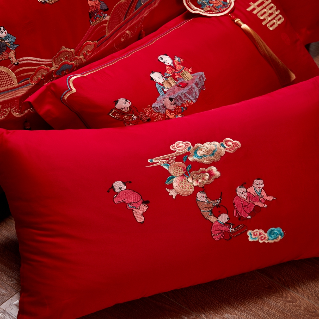 91家纺网 家纺一手货源 找家纺 宏羽纺家纺 2025新款高支高密纯棉婚庆系列四件套 百子迎喜