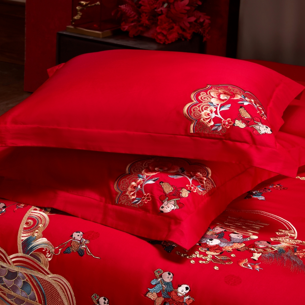 91家纺网 家纺一手货源 找家纺 宏羽纺家纺 2025新款高支高密纯棉婚庆系列四件套 百子迎喜