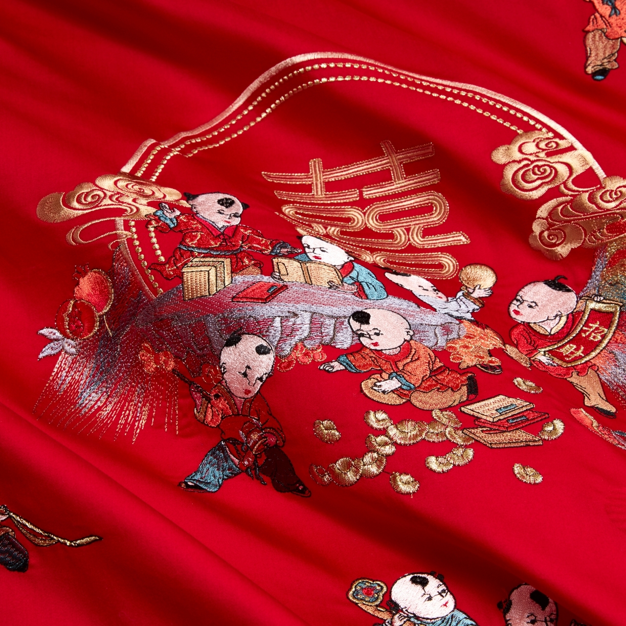 91家纺网 家纺一手货源 找家纺 宏羽纺家纺 2025新款高支高密纯棉婚庆系列四件套 百子迎喜