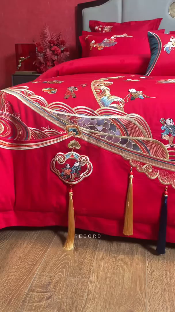 91家纺网 家纺一手货源 找家纺 宏羽纺家纺 2025新款高支高密纯棉婚庆系列四件套 百子迎喜