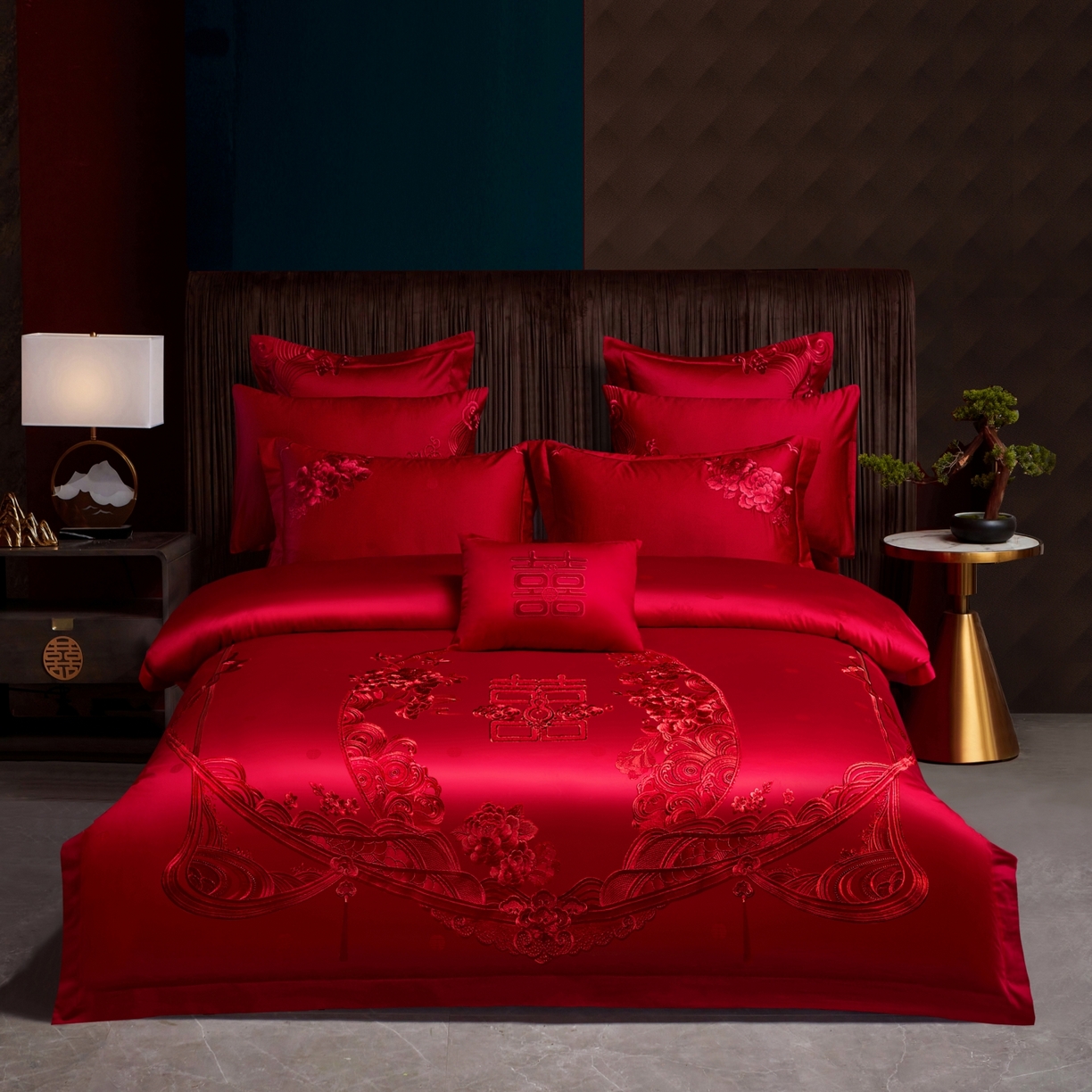 91家纺网 家纺一手货源 找家纺 宏羽纺家纺 2025新款高支高密纯棉婚庆系列四件套 花开富贵-大红