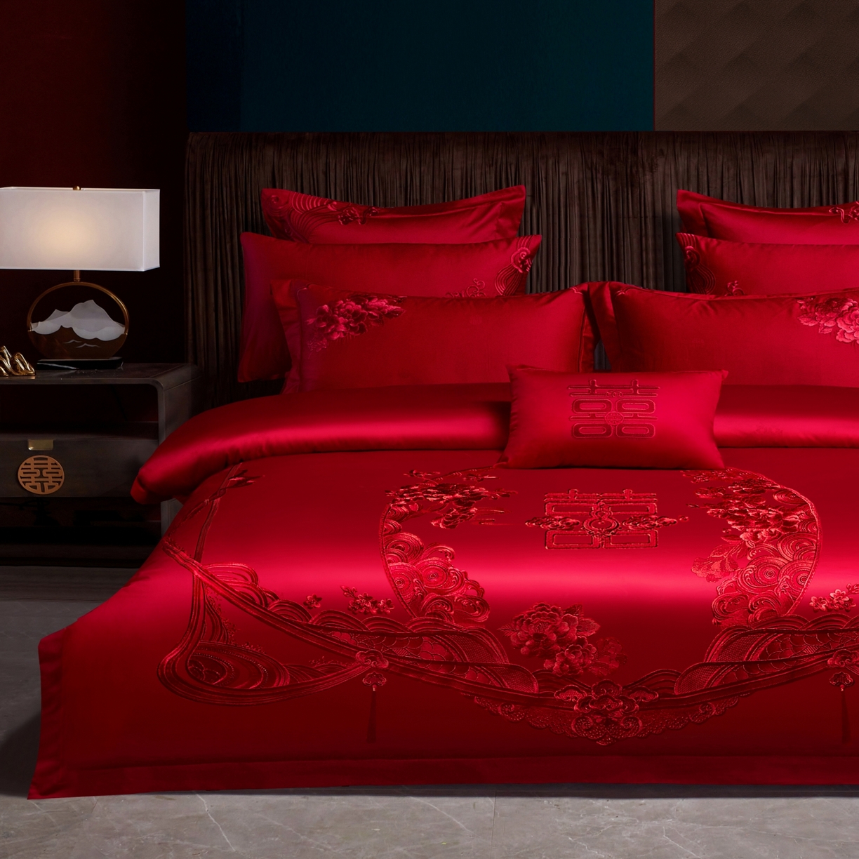 91家纺网 家纺一手货源 找家纺 宏羽纺家纺 2025新款高支高密纯棉婚庆系列四件套 花开富贵-大红