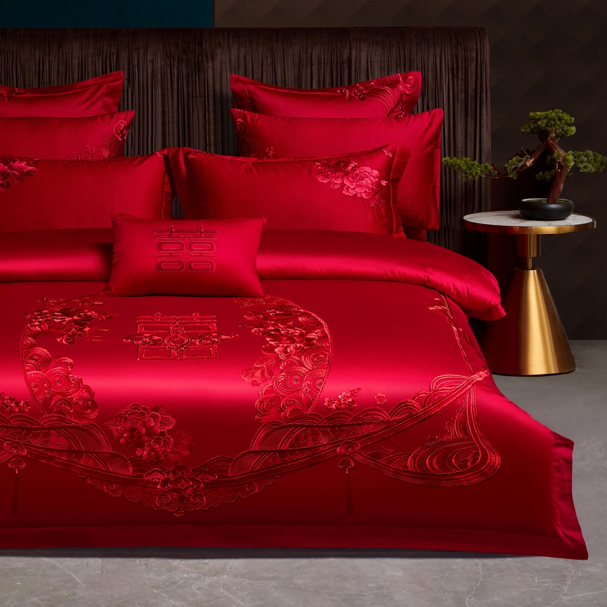 91家纺网 家纺一手货源 找家纺 宏羽纺家纺 2025新款高支高密纯棉婚庆系列四件套 花开富贵-大红